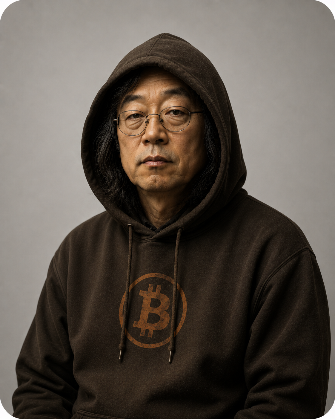 Hooded figure in a Bitcoin hoodie — identity private, code public